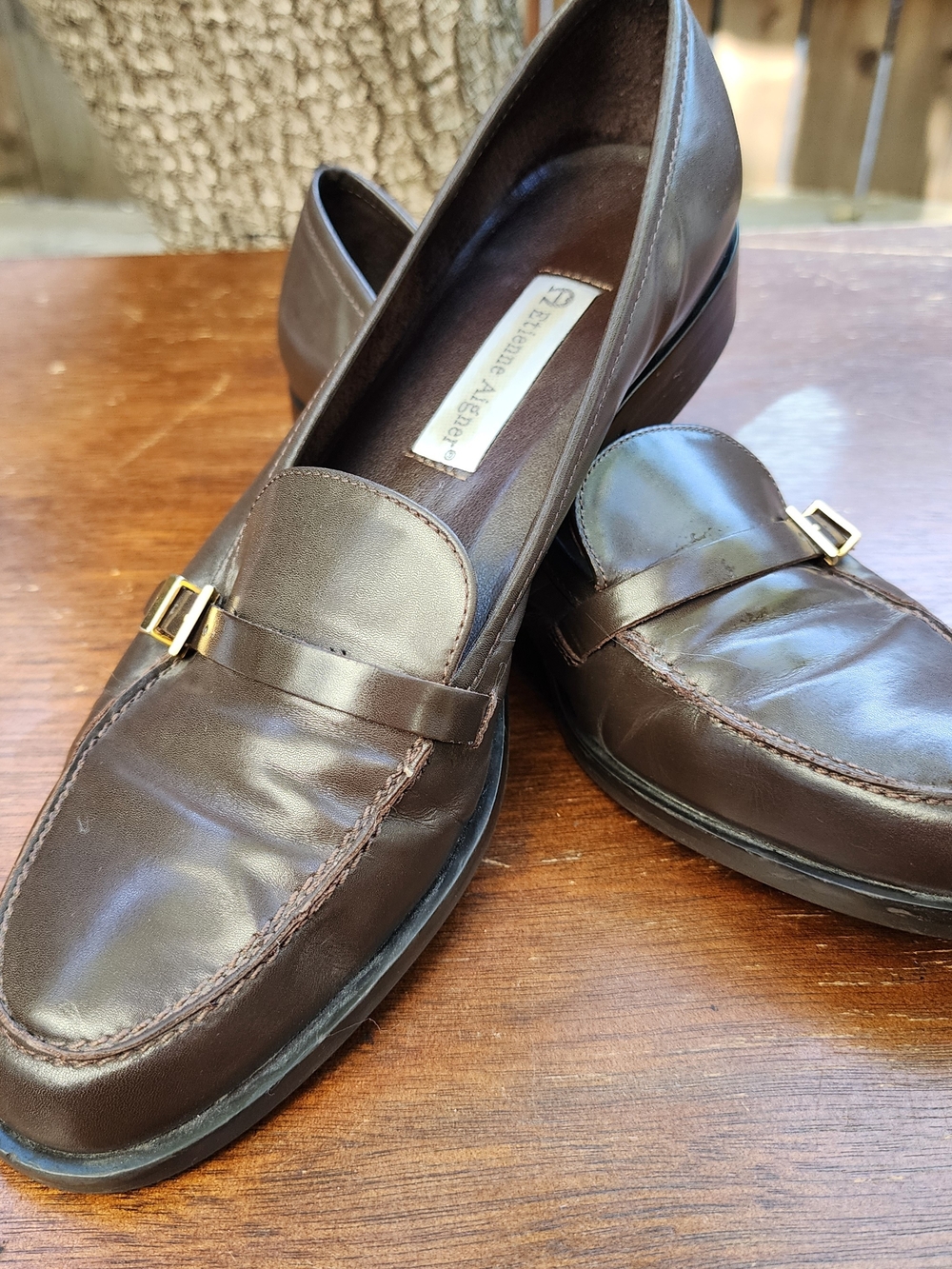 Etienne Aigner Brown Leather Loafers Buckle Detail Slip On Flats Womens 9.5 M